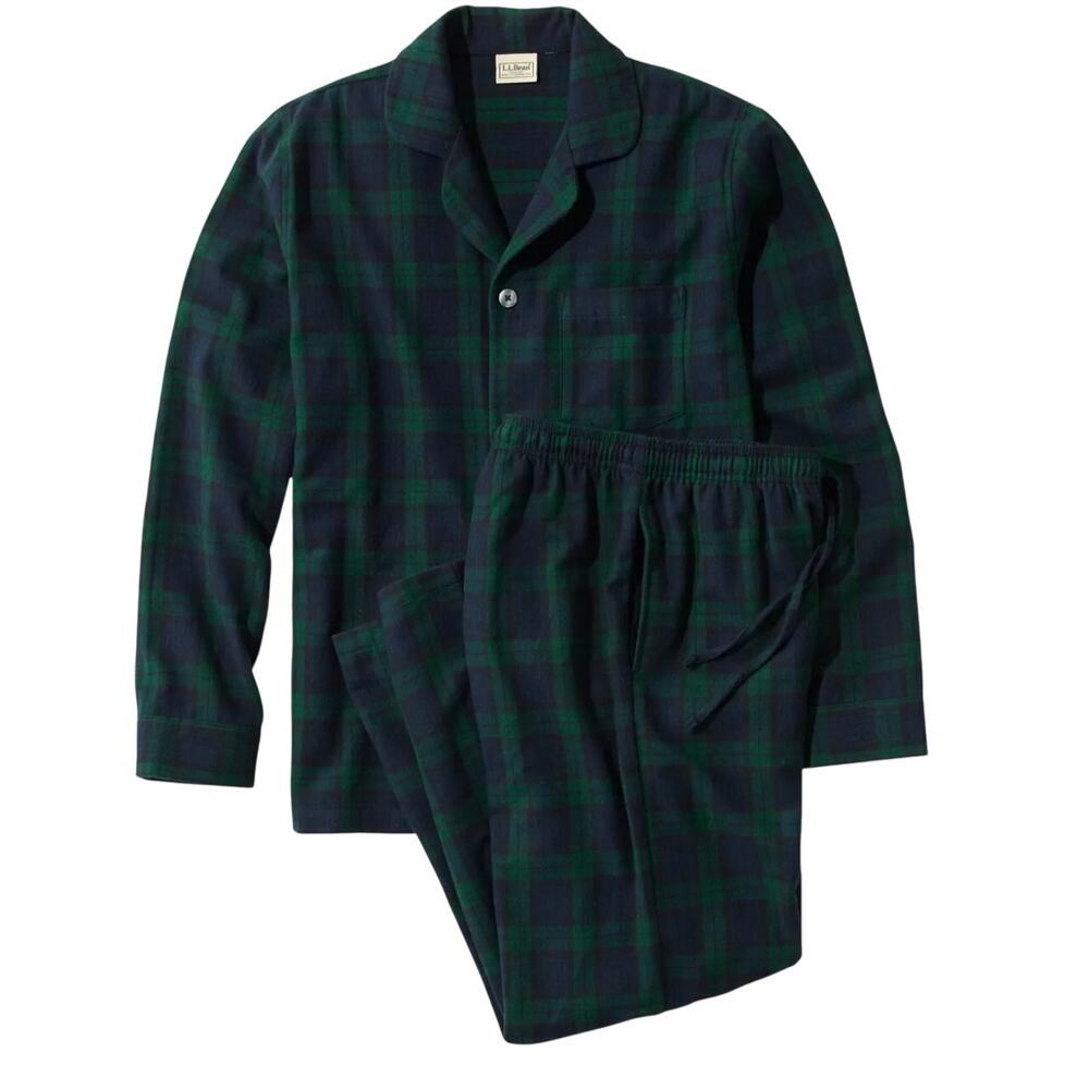 LL Bean Men's Green Blue Plaid Flannel 2 Piece Pajama Set 100% Cotton XL